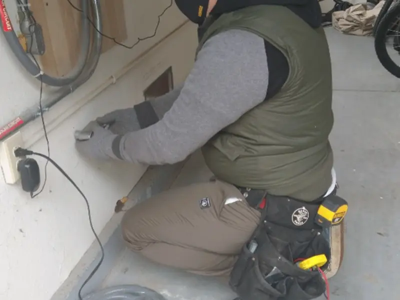Electrician performing outlet wiring in a Richfield garage